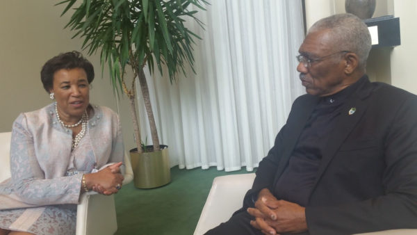 President David Granger during the meeting with Secretary General of the Commonwealth, Baroness Patricia Scotland in New York on Friday. (Ministry of the Presidency photo) 