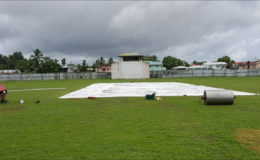 The waterlogged Wales Community Ground yesterday 
