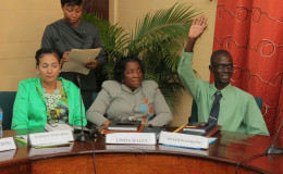 Newly-elected Mayor Pat Chase-Green is seen in this photo with councillors Linda Haley (centre) and Winston Harding. Harding was at the centre of controversy after APNU+AFC withrew support for him over child abuse allegations. He nonetheless won his constituency. Chase-Green was elected this afternoon at City Hall.