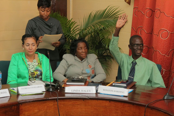 Newly-elected Mayor Pat Chase-Green is seen in this photo with councillors Linda Haley (centre) and Winston Harding. Harding was at the centre of controversy after APNU+AFC withrew support for him over child abuse allegations. He nonetheless won his constituency. Chase-Green was elected this afternoon at City Hall.