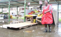Vendor Melissa Roberts stands in the pool of water and points to the makeshift bridge leading to her stall. (Photo by Keno George)
