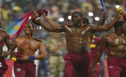 The West Indies men's players celebrating after their victory.