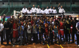 The boxers along with their trainers and officials of the Caribbean’s Schoolboys and Juniors tournament pose for a photo opportunity after the two-night tournament concluded at the Cliff Anderson Sports Hall on Saturday night.
