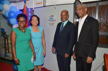 From left: Dr Karen Boyle, First Lady Sandra Granger, William Boyle and President David Granger after the unveiling of the plaque to officially commission the building.  (Ministry of the Presidency photo)