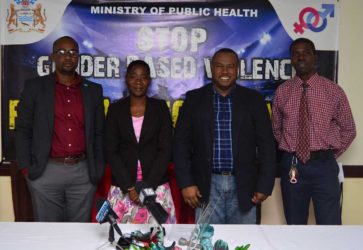 Petra Organization Co-Director Troy Mendonca (2nd from right), GFF President Wayne Forde (left), Health Education Officer of the Ministry of Health Joy Gravesande (2nd from right) and Petra Representative Mark Alleyne are all smiles following the launch of the Petra Organization Soft Shoe Football Championship
