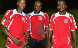 Buxton United goal scorers from left to right Rondell Assanah, Denver Dennis and Esan Hamer pose for the camera following their win over Monedderlust in the GFF Stag Beer Elite League at the Leonora Sports Facility.
