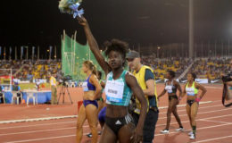 Tori Bowie of U.S celebrates her victory in the 100m women event at the IAAF Diamond League athletics meet, in Doha, Qatar yesterday. REUTERS/IBRAHEEM AL OMARI