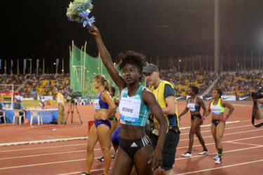 Tori Bowie of U.S celebrates her victory in the 100m women event at the IAAF Diamond League athletics meet, in Doha, Qatar yesterday. REUTERS/IBRAHEEM AL OMARI