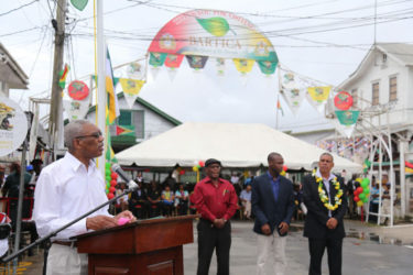 President David Granger speaking at the official launching of Bartica as a town yesterday. (Photo by Keno George)