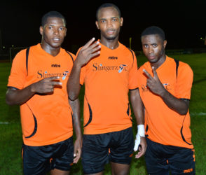 Demolition Crew- Slingerz FC marksmen from left to right Domini Garnett, Julian Wade and Trayon Bobb following their exploits against Fruta Conquerors in the GFF Stag Beer Elite League at the Leonora Sports Facility