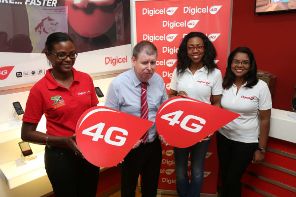 Digicel team: From left: Operations Manager Speed Talk Allison Harewood, CEO Kevin Kelly, Head of Marketing Jacqueline James and Communications Manager Vidya Sanichara