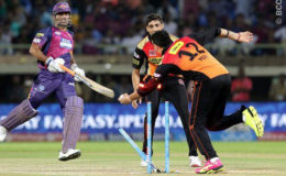 KEY WICKT! Mahendra Singh Dhoni is run out attempting a suicidal second run. (Photo courtesy of IPL website)
