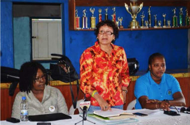 From left, Minister within the Ministry of Health, Dr. Karen Cummings; Minister within the Ministry of Indigenous Peoples’ Affairs, Valerie Garrido-Lowe and Minister within the Ministry of Public Infrastructure, Annette Ferguson addressing stakeholders in Region Nine. (GINA photo) 