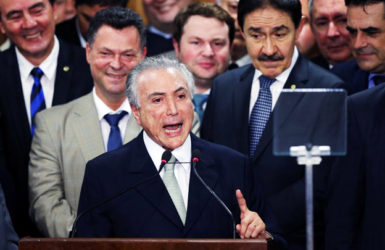 Brazil’s interim President Michel Temer addresses the audience during his first public remarks after the Brazilian Senate voted to impeach President Dilma Rousseff at the Planalto Palace in Brasilia, Brazil, May 12, 2016. REUTERS/Adriano Machado