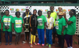 Some of the prize winners along with the organizers of the Golden Jubilee Independence’ meet pose for a photo following the presentation ceremony at the GNS Complex yesterday.