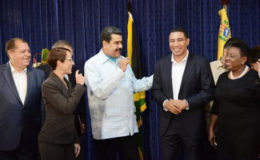 Venezuelan President Nicolás Maduro (centre) chats with (from left) Audley Shaw, minister of finance and the public service; Senator Kamina Johnson Smith, minister of foreign affairs and foreign trade; Prime Minister Andrew Holness; and Olivia ‘Babsy’ Grange, minister of entertainment, sport, culture, and gender affairs, at Jamaica House on Sunday. 
