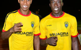 Alpha United scorer’s Anthony Abrams (left) and Joshua Browne. (Orlando Charles photo) pix saved as Slingerz2
