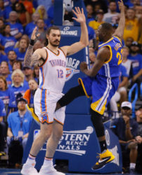 OUCH! Draymond Green of the Golden State warriors made Oklahoma City Thunder Steve Adams see red with the kick to the groin. 