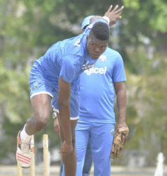 Fast bowler Alzarri Joseph sends down a delivery during the West Indies training session here this week. (Photo courtesy WICB Media) 
