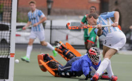 Guyana custodian Medroy Scotland dives in despair to try and stop an Argentina conversion during their match yesterday at the University of Toronto playing surface.
