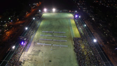 A grand sight: A panoramic shot of the D’Urban Park ceremony on Wednesday night.  Members of the Disciplined Services can be seen in formation. 