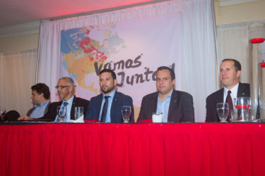 At head table from left to right are William Sullivan - Sealand Regional head – USA, Dominic Gaskin – Minister of Business,  Berny Villalobos – General Manager – Guyana, Juan C. Cardenas – Trade and Marketing Manager – Panama and Tim Dipietropolo – Head Trade Caribbean Cluster – USA