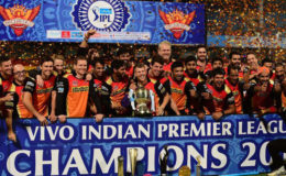 The Sunrisers Hyderabad players celebrate with the winning trophy of IPL 2016 after they narrowly defeated Royal Challengers Bangalore in  yesterday’s final of the Indian Premier League at Chinnaswamy Stadium, Bengaluru.