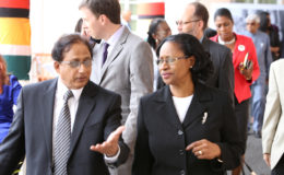 Acting Chief Justice Yonnette Cummings and Justice of Appeal B S Roy leaving Parliament after the President’s presentation yesterday.