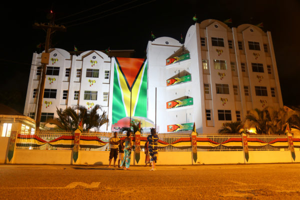 The Guyana Revenue Authority's Headquarters on Camp Street has been brightly lit for the independence celebrations. (Keno George photo)