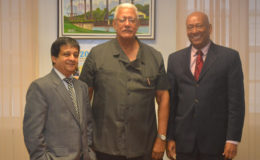 Bayney Karran (right), prospective Ambassador to the People’s Republic of China and Riyad Insanally (left), prospective Ambassador to the United States of America today called on the Minister of Agriculture,  Noel Holder.The meeting which was held in the Boardroom of the Ministry’s Regent and Shiv Chanderpaul Drive office was centred around pushing agriculture forward through collaborations with the two nations. (GINA photo)