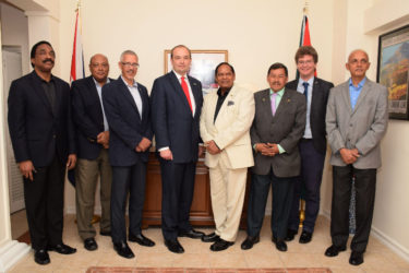 Prime Minister Moses Nagamootoo (fourth from right) and Parliamentary Under-Secretary of State at the UK’s Foreign & Commonwealth Office James Duddridge (fifth from right) at a dinner yesterday at the residence of UK High Commissioner Greg Quinn (second from right). Also in photo from right are Minister of Communities Ronald Bulkan, Minister of Indigenous People’s Affairs Sydney Allicock, Minister of Business Dominic Gaskin, Minister of Natural Resources Raphael Trotman and Attorney General Basil Williams. (Office of the Prime Minister photo) 
