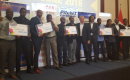 Intellect Storm’s CEO Rowen Willabus (second, left) and Marketing Manager Ronson Grey (first, left) along with the other four winners of the ‘PitchIT Caribbean Challenge’ which concluded yesterday in Montego Bay, Jamaica.