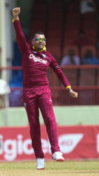Off-spinner Sunil Narine celebrates another wicket during Friday’s four-wicket victory over South Africa. (Photo courtesy WICB Media) 