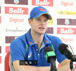 Australia Captain Steve Smith speaking during yesterday’s pre match press conference held at the Providence Stadium, Guyana. 