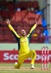 Australia’s Nathan Lyon makes a passionate appeal for an lbw decision against Marlon Samuels during Match 2 of the Ballr Cup Tri-Nation Series between West Indies and Australia at Guyana National Stadium, Providence yesterday. Photo by WICB Media/Randy Brooks of Brooks Latouche Photography