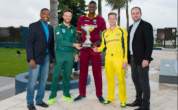 WICB President Whycliffe “Dave” Cameron, South Africa captain AB de Villiers, West Indies captain Jason Holder, Australia captain Steve Smith, and Ballr founder and CEO Sam Jones with the Ballr Cup. Photo by WICB Media/Randy Brooks of Brooks Latouche Photography