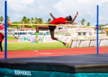 Natrena Hooper clearing 1.83m, to take the win in the high jump ahead of GPF’s Cindy Fraser (1.50m) and Clarissa McBean (1.45m). 