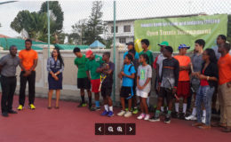 GLTA Tournament Committee Chairman, Robert Bostwick, addressing the players along with from left, Shaquille Bourne, PRO, Pamela Binda, Marketing Manager, GBTI and Daniel Lopes,  Tournament Assistant Coordinator.