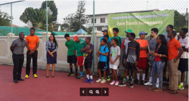 GLTA Tournament Committee Chairman, Robert Bostwick, addressing the players along with from left, Shaquille Bourne, PRO, Pamela Binda, Marketing Manager, GBTI and Daniel Lopes,  Tournament Assistant Coordinator.