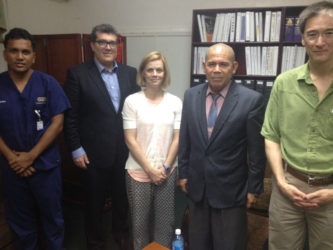 In photo from left are: Head of the Emergency Department at the GPHC, Dr. Zulfikar Bux; Chapter President of RAD-AID at Northwell Health, Dr. David Axelrod; Director of RAD-AID Latin America, Dr. Gillian Battino; Public Health Minister, Dr. George Norton and Manager of Equipment Implementation at RAD-AID, Dr. Berndt Schmit. (Ministry of Health photo) 