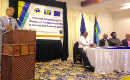 Joachim Vedsted Jakobsen speaking at the launching. Seated from left are: Lance Hinds, Percival Marie of CARIFORUM, Ruel Johnson of the Ministry of Education and Vishnu Doerga, chairman of the GCCI
