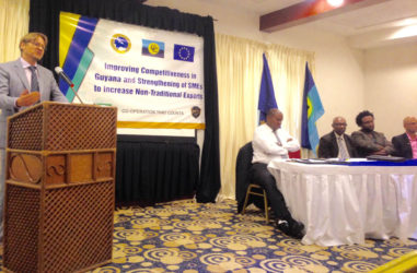Joachim Vedsted Jakobsen speaking at the launching. Seated from left are: Lance Hinds, Percival Marie of CARIFORUM, Ruel Johnson of the Ministry of Education and Vishnu Doerga, chairman of the GCCI 