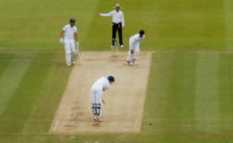Alex Hales is bowled by Nuwan Pradeep of Sri Lanka who was later adjudged to have overstepped the bowling crease but television replays showed that the delivery was a legitimate one.