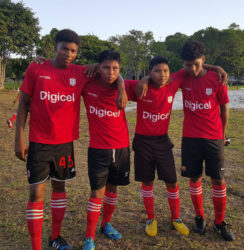 St. Cuthbert’s Secondary goal-scorers from left to right Mark Clenkian, Elroy Dundas, Keoan Kattow and Zak Ferreira posing for the camera following their lopsided win over Hauraruni Secondary  