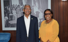 President David Granger and Esther Griffith at the Ministry of the Presidency. (Ministry of the Presidency photo)