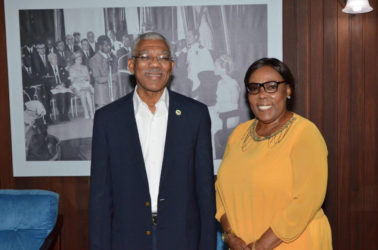 President David Granger and Esther Griffith at the Ministry of the Presidency. (Ministry of the Presidency photo) 