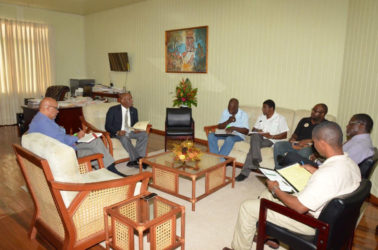 Minister of State, Joseph Harmon (with tie) conducting the Mocha Arcadia development meeting. (Ministry of the Presidency photo) 
