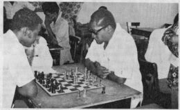 Prime Minister Forbes Burnham engaging member of the Guyana Chess Federation John Lewis over a game of chess at his Vlissengen Road residence in 1975. Burnham established the Guyana Chess Association in 1972.