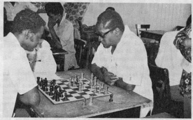 Prime Minister Forbes Burnham engaging member of the Guyana Chess Federation John Lewis over a game of chess at his Vlissengen Road residence in 1975. Burnham established the Guyana Chess Association in 1972.