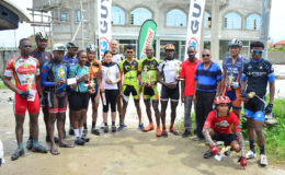 Winner Row! The prize winners pose with their spoils following the staging of the 17th annual Castrol Father’s Day road race yesterday at West Demerara. (Orlando Charles photo)
